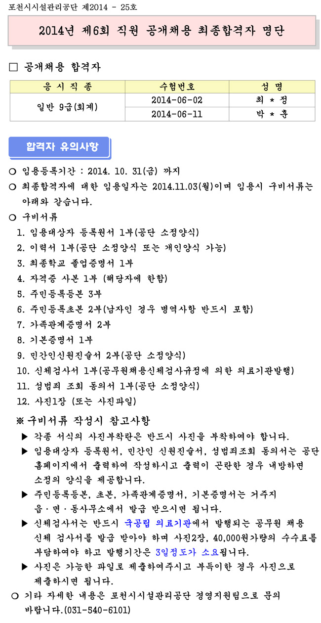 2014년 제6회 직원 공개채용 최종합격자 명단 공고