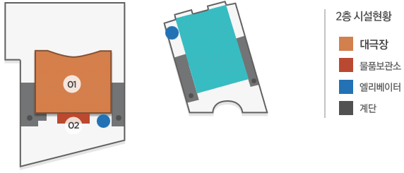 2층 시설현황 : 01-대극장, 02-물품보관소 그외 엘리베이터, 계단