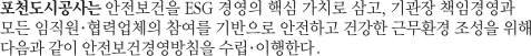 포천도시공사는 안전보건을 ESG 경영의 핵심 가치로 삼고, 기관장 책임경영과 모든 임직원·협력업체의 참여를 기반으로 안전하고 건강한 근무환경 조성을 위해 다음과 같이 안전보건경영방침을 수립·이행한다.