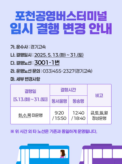 포천공영버스터미널 임시 결행 변경 안내


   가. 운수사: 경기고속
   나. 결행일시: 2025. 5. 13.(화) ~ 31.(토)
   다. 결행노선: 3001-1번
   라. 운행노선 문의: 033)455-2327(경기고속)
   마. 세부 변경사항
 
결행일
[5.13.(화) ~ 31.(토)]
결행시간
비고
동서울행
동송행
화,수,목 미운행
9:20 / 15:50
12:40 / 18:40
금,토,일,월 정상운행

 
※ 위 시간 외 타 노선은 기존과 동일하게 운영됩니다. ※