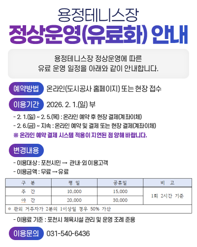 용정테니스장 정상운영(유료화) 안내

      용정테니스장 정상운영에 따른 유료 운영 일정을 아래와 같이 안내합니다.
   
   ○ 예약방법 : 온라인(도시공사 홈페이지) 또는 현장 접수
   ○ 이용기간 : 2026. 2. 1.(일) 부
     - 2. 1.(일) ~ 2. 5.(목) : 온라인 예약 후 현장 결제(계좌이체)
     - 2. 6.(금) ~ 지속 : 온라인 예약 및 결제 또는 현장 결제(계좌이체)
      ※ 온라인 예약 결제 시스템 적용이 지연된 점 양해 바랍니다.
   ○ 변경내용
     - 이용대상 : 포천시민 →  관내·외 이용고객
     - 이용금액 : 무료 → 유료
                                                                        (단위 : 원)
  
구  분
평 일
공휴일
비  고
주  간
10,000
15,000
1회 2시간 기준
야  간
20,000
30,000
※ 관외 거주자가 2분의 1이상일 경우 50% 가산

     - 이용료 기준 : 포천시 체육시설 관리 및 운영 조례 준용
   ○ 이용문의 : 031-540-6436